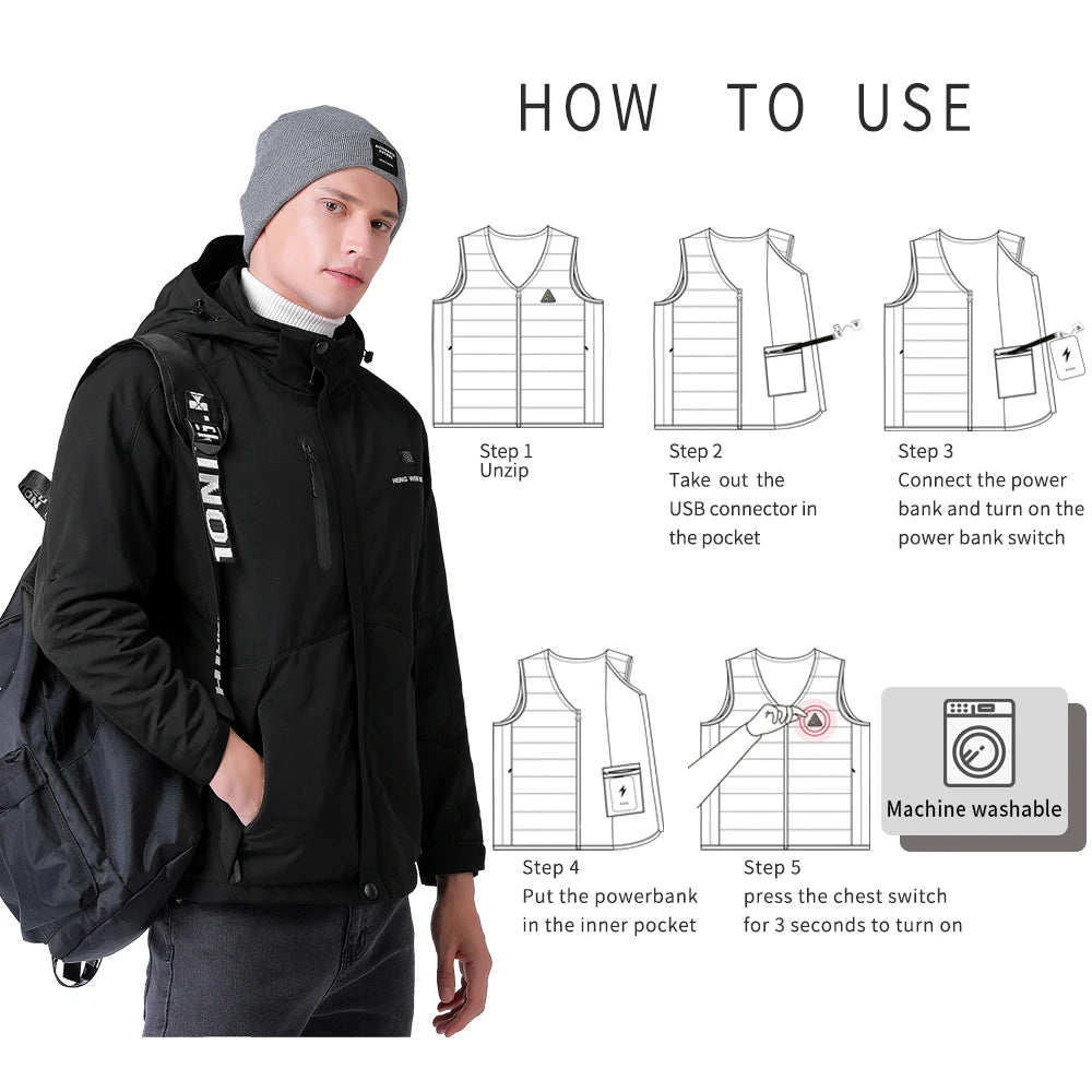 Veste d'hiver pour homme avec col montant USB en coton chauffé électriquement et rembourré charge intelligente manteau d'hiver chaud