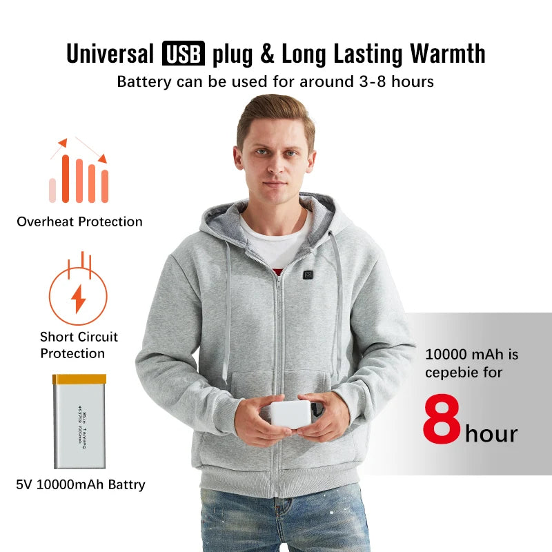 USB alimenté par batterie chauffée 5V /2A grande taille femmes hommes veste contrôle intelligent de la température extérieur Style classique à capuche