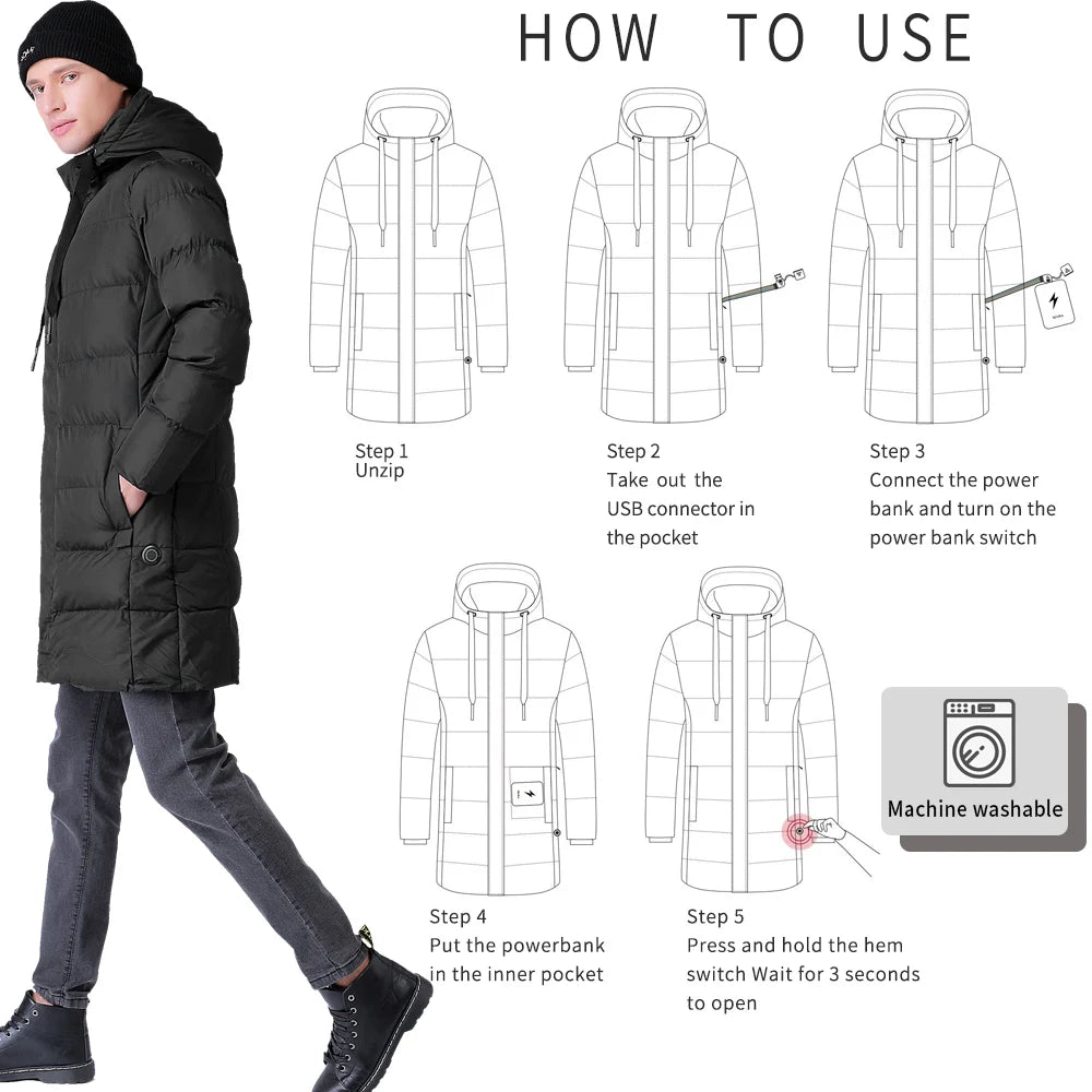 Veste chauffante USB de la meilleure qualité pour hommes, vêtements d'hiver longs avec col montant et contrôle de la température