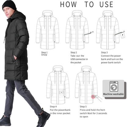 Veste chauffante USB de la meilleure qualité pour hommes, vêtements d'hiver longs avec col montant et contrôle de la température