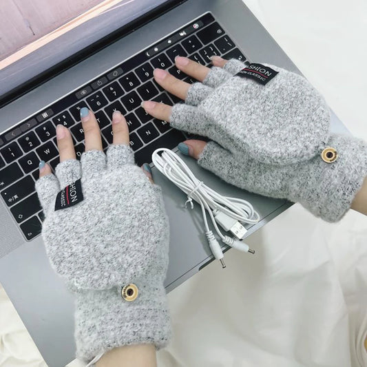 Unisex USB Electric Heating Winter Outdoor Heated Gloves Pure Color Full&Half Finger Warmer Mitten Hand Warmer Thermal