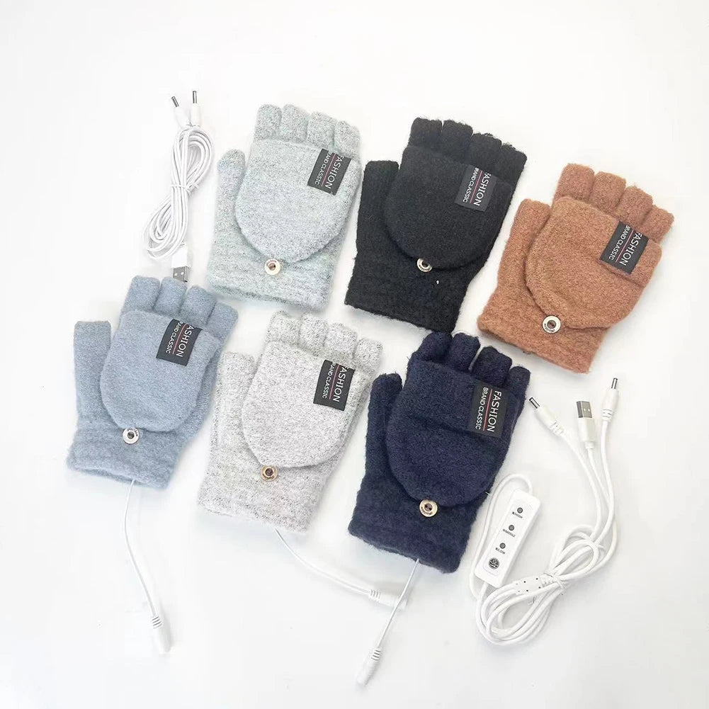 Unisex USB Electric Heating Winter Outdoor Heated Gloves Pure Color Full&Half Finger Warmer Mitten Hand Warmer Thermal