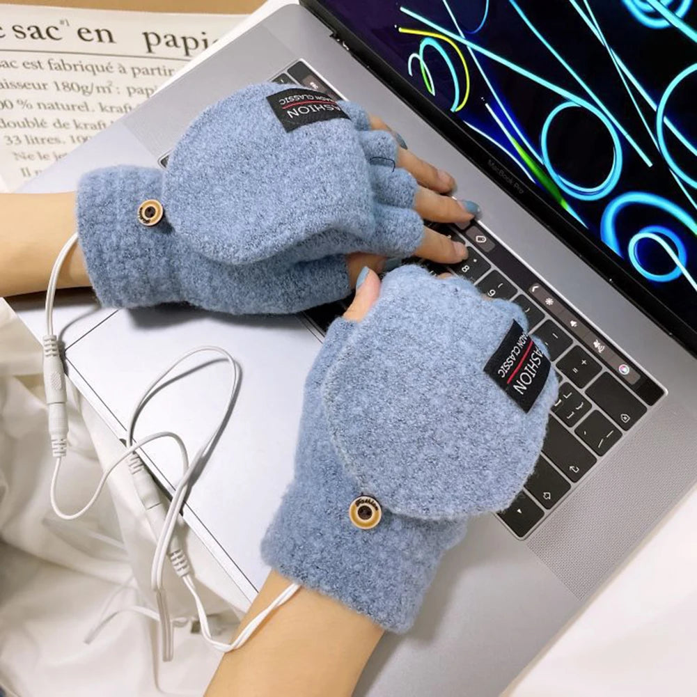 Unisex USB Electric Heating Winter Outdoor Heated Gloves Pure Color Full&Half Finger Warmer Mitten Hand Warmer Thermal