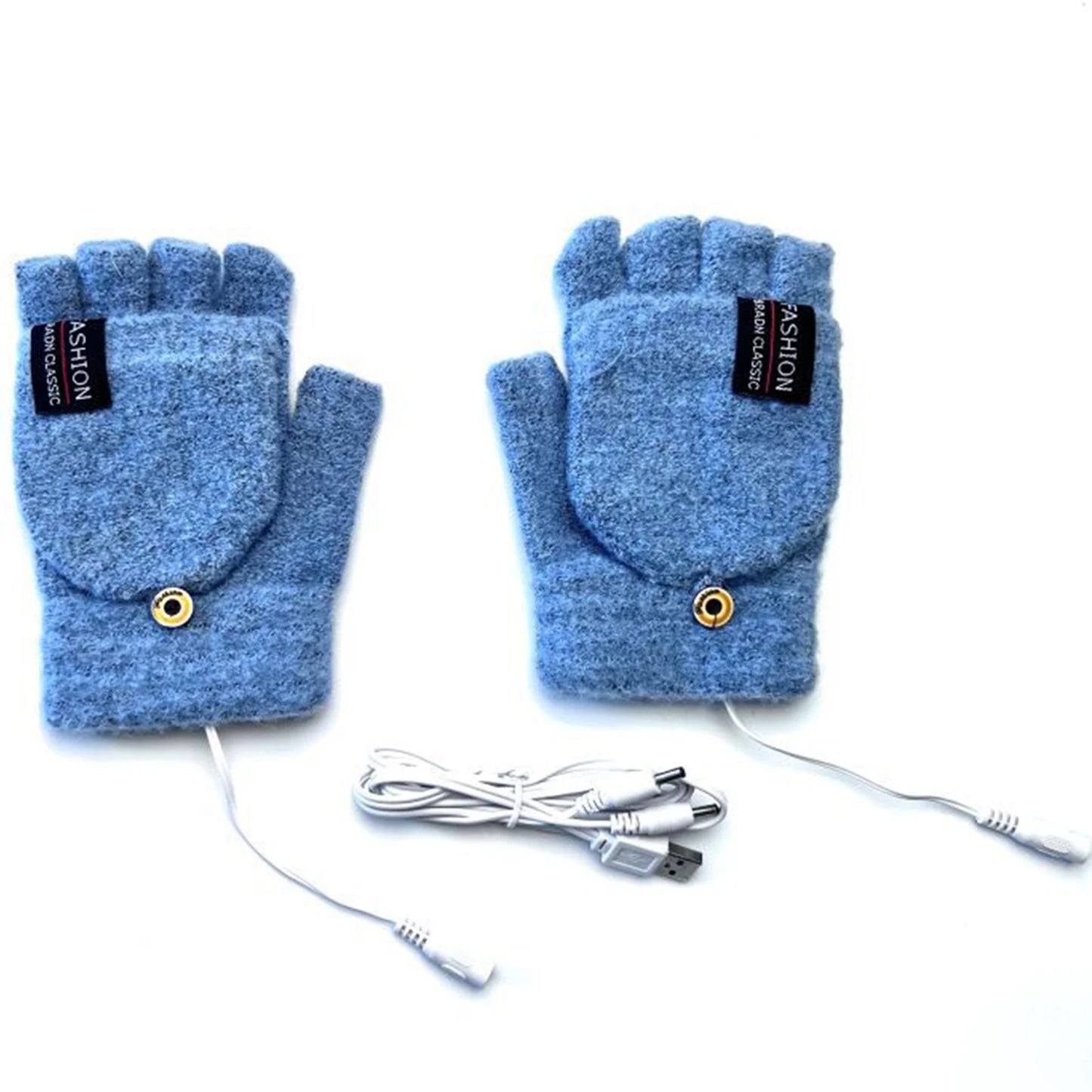 Unisex USB Electric Heating Winter Outdoor Heated Gloves Pure Color Full&Half Finger Warmer Mitten Hand Warmer Thermal