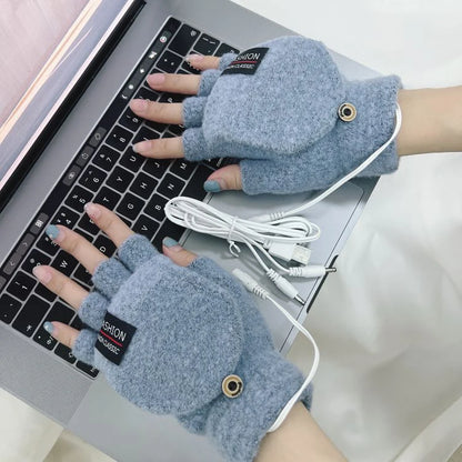 Unisex USB Electric Heating Winter Outdoor Heated Gloves Pure Color Full&Half Finger Warmer Mitten Hand Warmer Thermal