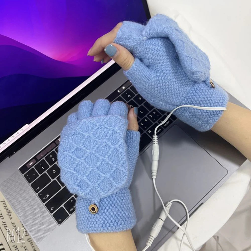 Unisex USB Electric Heating Winter Outdoor Heated Gloves Pure Color Full&Half Finger Warmer Mitten Hand Warmer Thermal