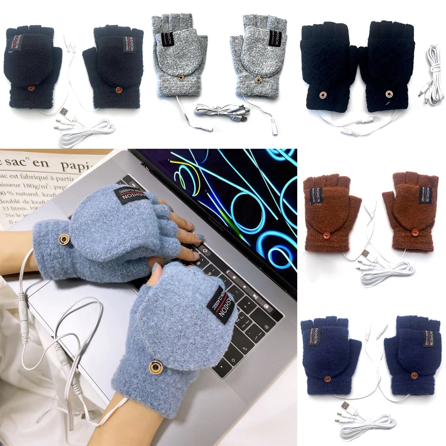 Unisex USB Electric Heating Winter Outdoor Heated Gloves Pure Color Full&Half Finger Warmer Mitten Hand Warmer Thermal