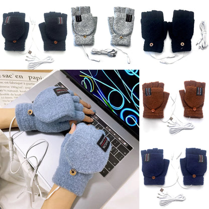 Unisex USB Electric Heating Winter Outdoor Heated Gloves Pure Color Full&Half Finger Warmer Mitten Hand Warmer Thermal