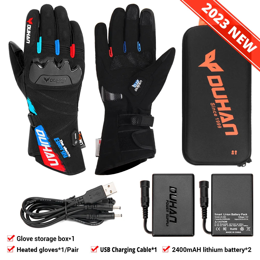 DUHAN Heated Gloves Battery Powered Winter Thermal Motorcycle Heating Gloves Riding Waterproof Guantes Para Moto Touch Screen