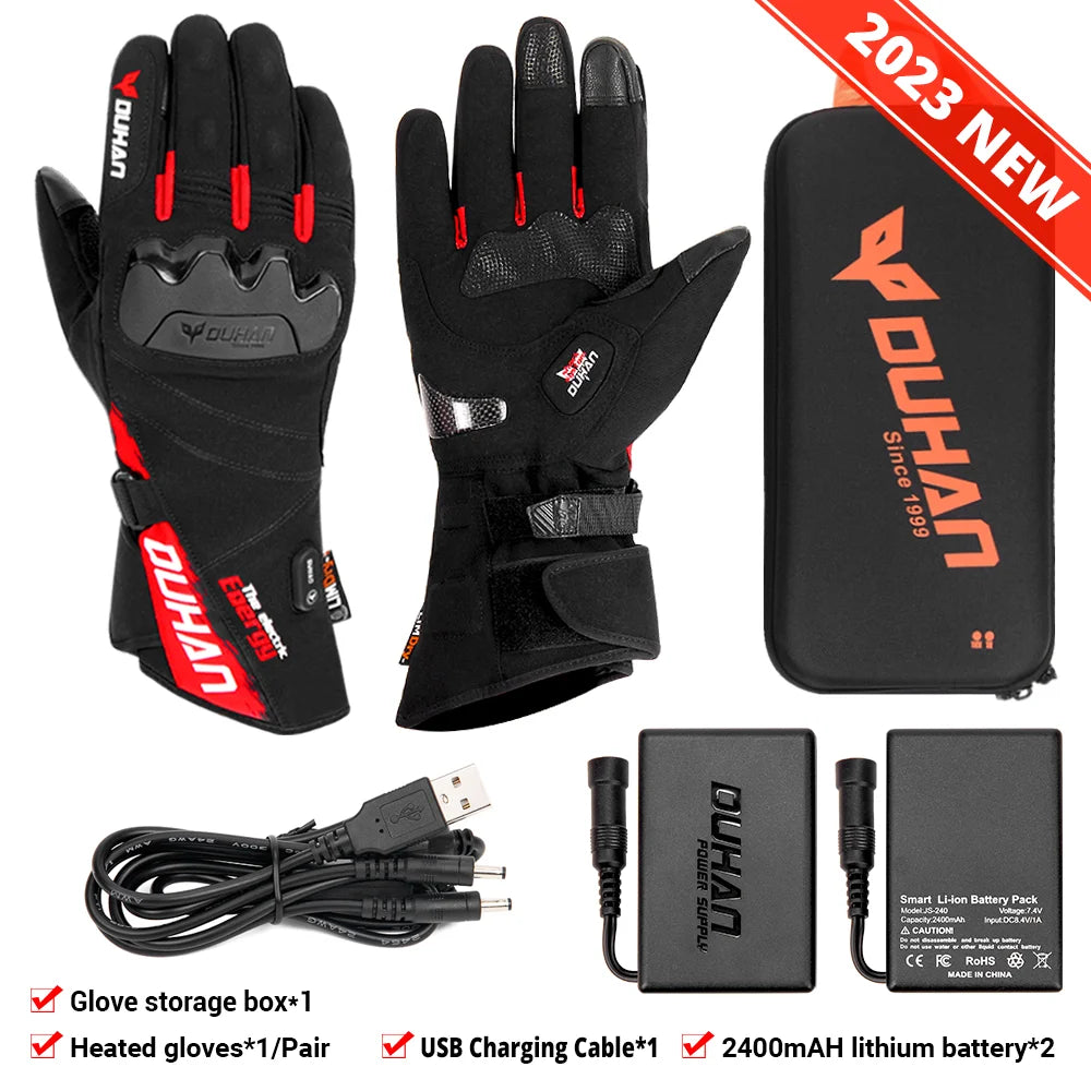 DUHAN Heated Gloves Battery Powered Winter Thermal Motorcycle Heating Gloves Riding Waterproof Guantes Para Moto Touch Screen